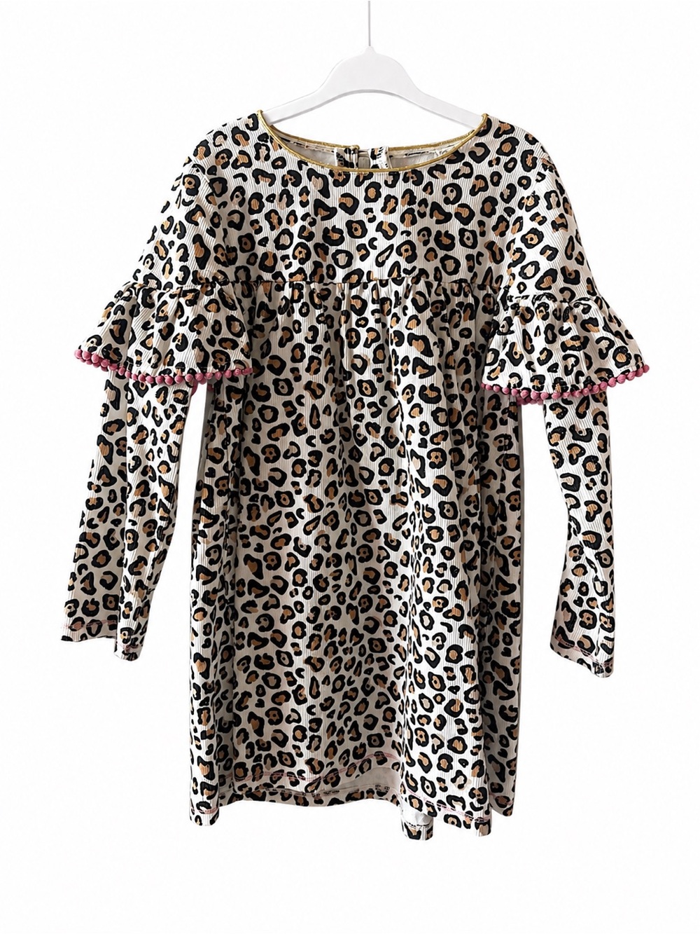 Mud Pie Leopard Print Long Sleeve Dress with Pink Pom Trim— 5T